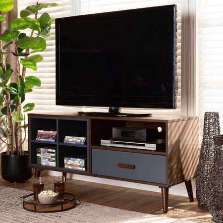 Baxton Studio Garrick Modern and Contemporary Two-Tone Grey and Walnut Brown Finished Wood 1-Drawer TV Stand 180-11226-Zoro